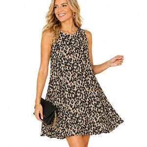 Halogen Leopard Swing Dress Womens Small Black Tan Animal Print Flowy